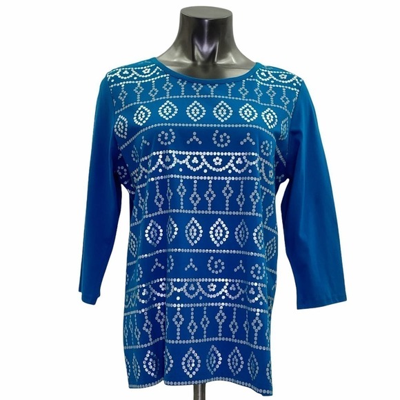 CORAL Bay Blue Metallic Graphic Long Sleeve Top - Picture 1 of 11